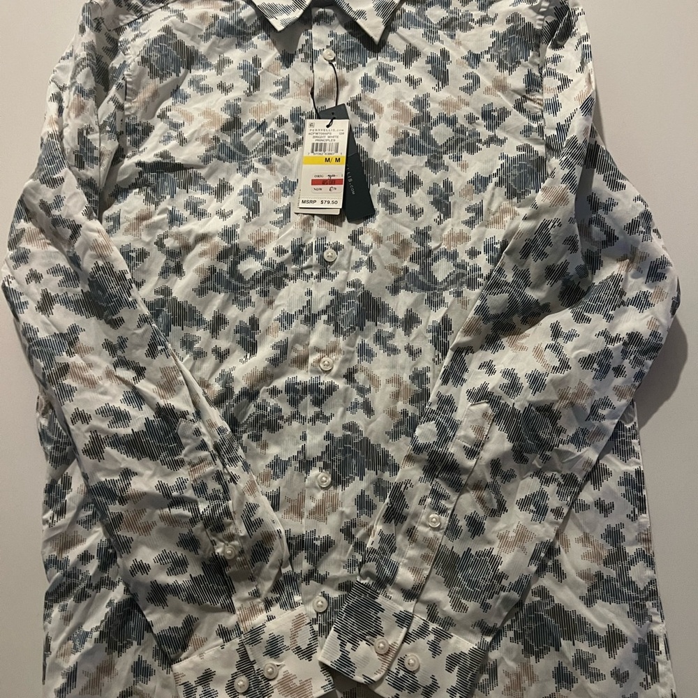 Perry Ellis White and Blue Patterned Shirt